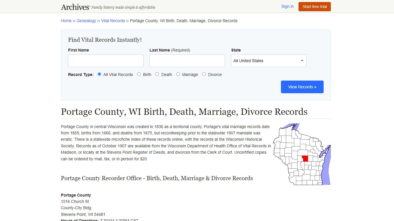 Portage County, WI Birth, Death, Marriage, Divorce Records