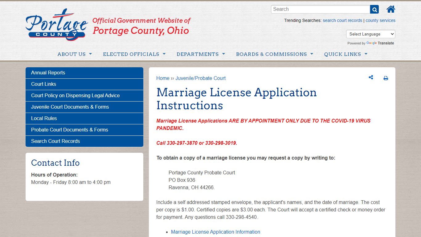 Marriage License Application Instructions | Portage County OH